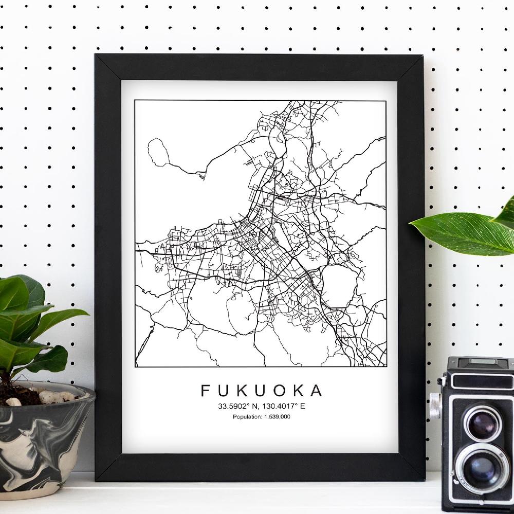 Nacnic Lámina Estilo Nórdico De Mapa Fukuoka En Blanco Y Negro