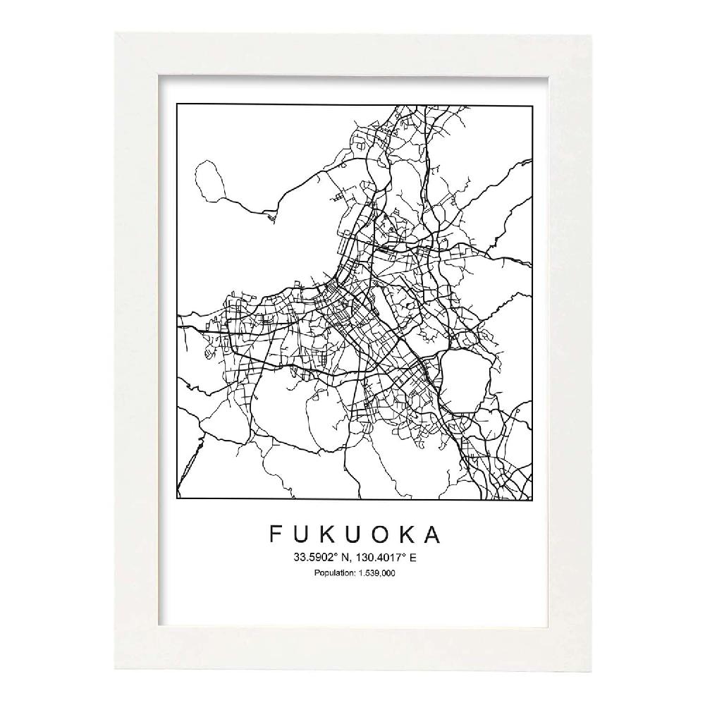 Nacnic Lámina Estilo Nórdico De Mapa Fukuoka En Blanco Y Negro