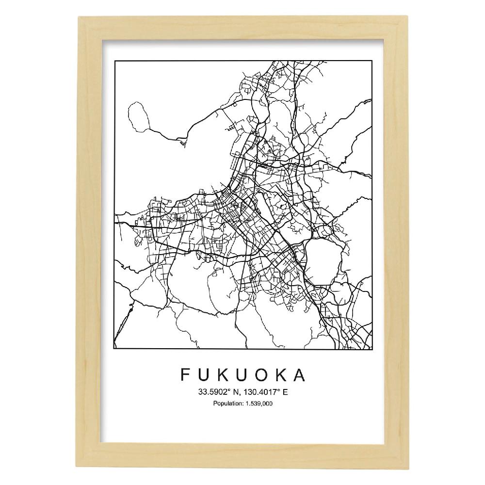 Nacnic Lámina Estilo Nórdico De Mapa Fukuoka En Blanco Y Negro