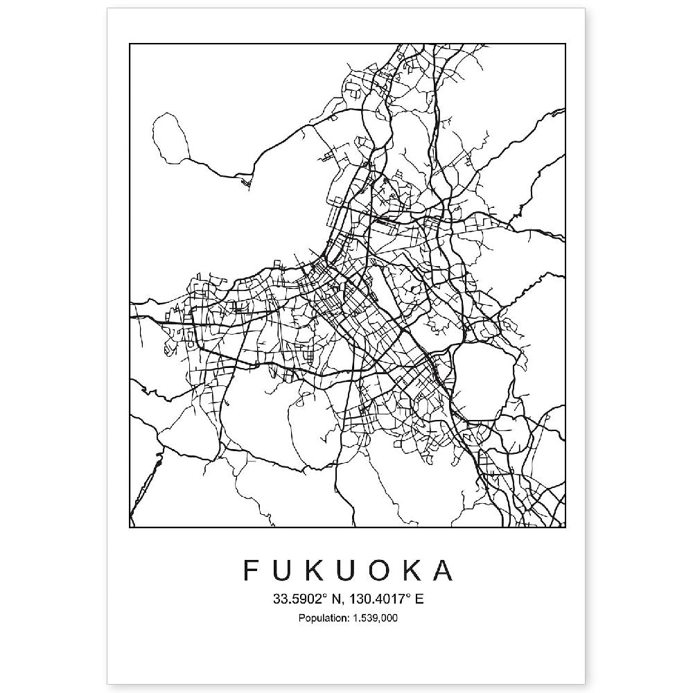 nacnic Lámina estilo nórdico de mapa Fukuoka en blanco y negro