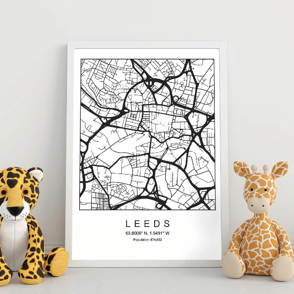 Nacnic Lámina Estilo Nórdico De Mapa Leeds En Blanco Y Negro
