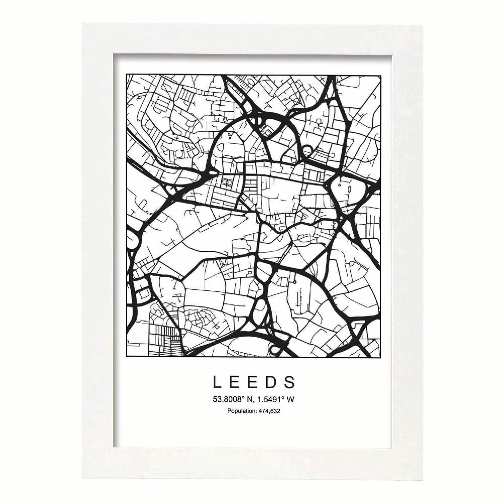 Nacnic Lámina Estilo Nórdico De Mapa Leeds En Blanco Y Negro