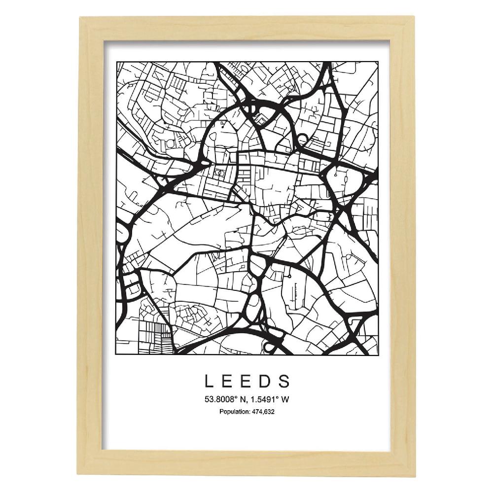 Nacnic Lámina Estilo Nórdico De Mapa Leeds En Blanco Y Negro