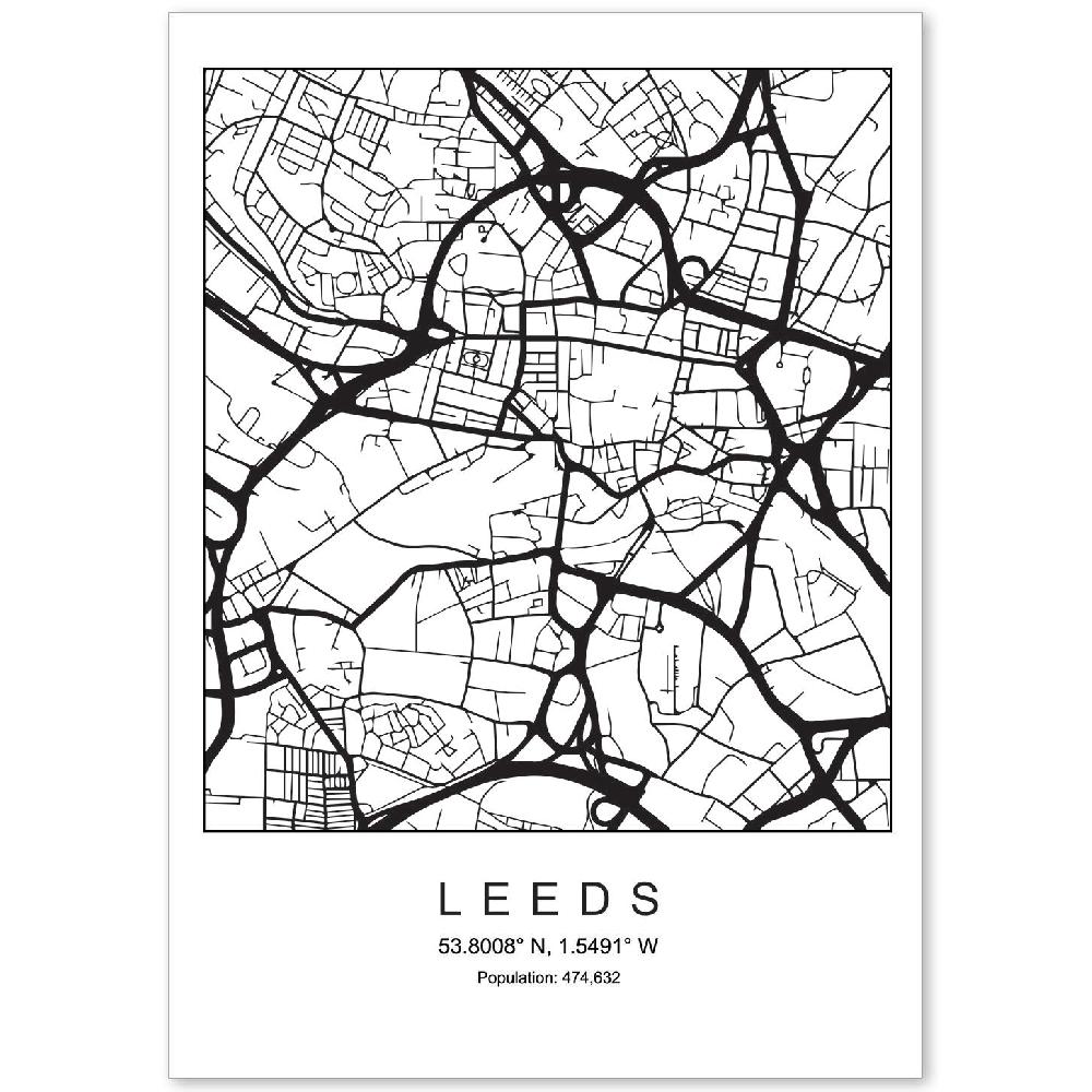 nacnic Lámina estilo nórdico de mapa Leeds en blanco y negro