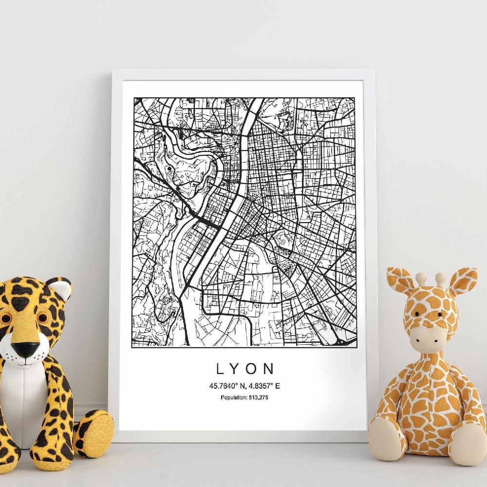 Nacnic Lámina Estilo Nórdico De Mapa Lyon En Blanco Y Negro