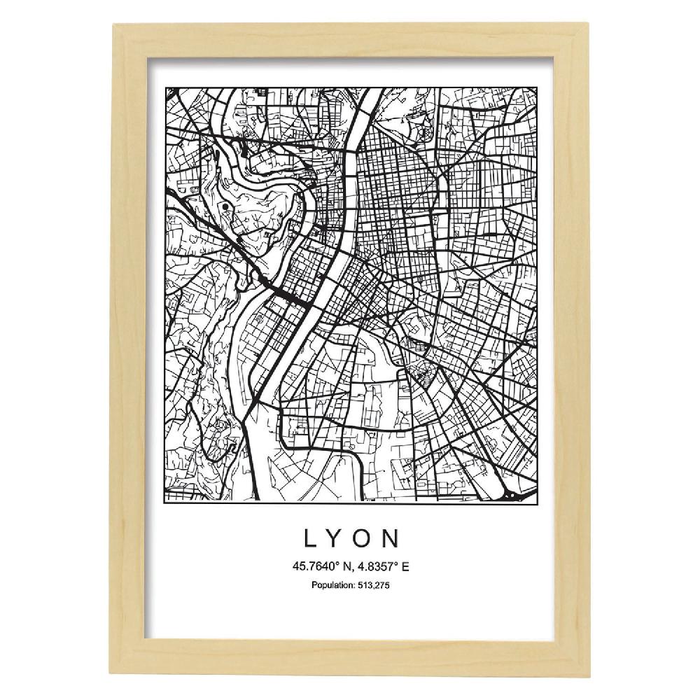 Nacnic Lámina Estilo Nórdico De Mapa Lyon En Blanco Y Negro
