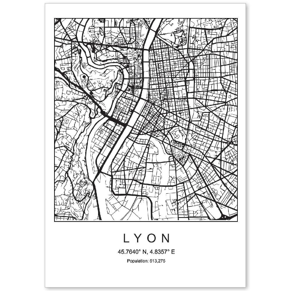 nacnic Lámina estilo nórdico de mapa Lyon en blanco y negro