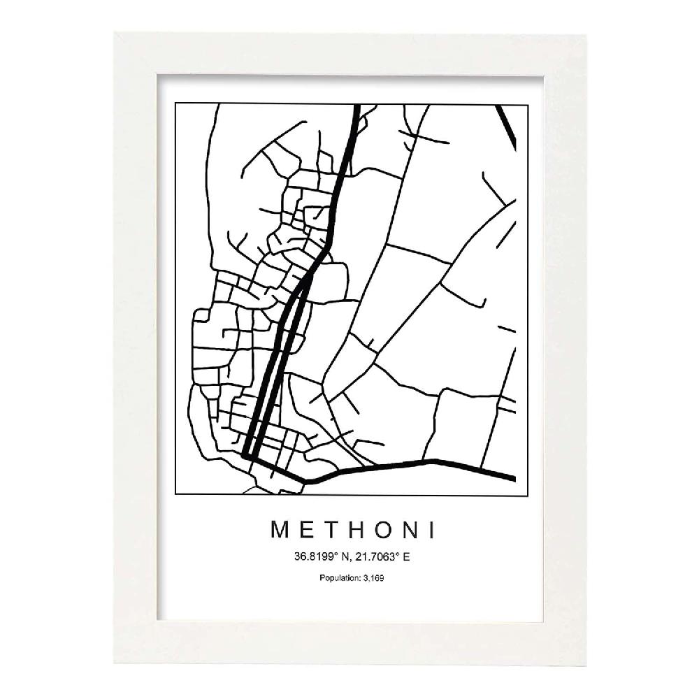 Nacnic Lámina Estilo Nórdico De Mapa Methoni En Blanco Y Negro