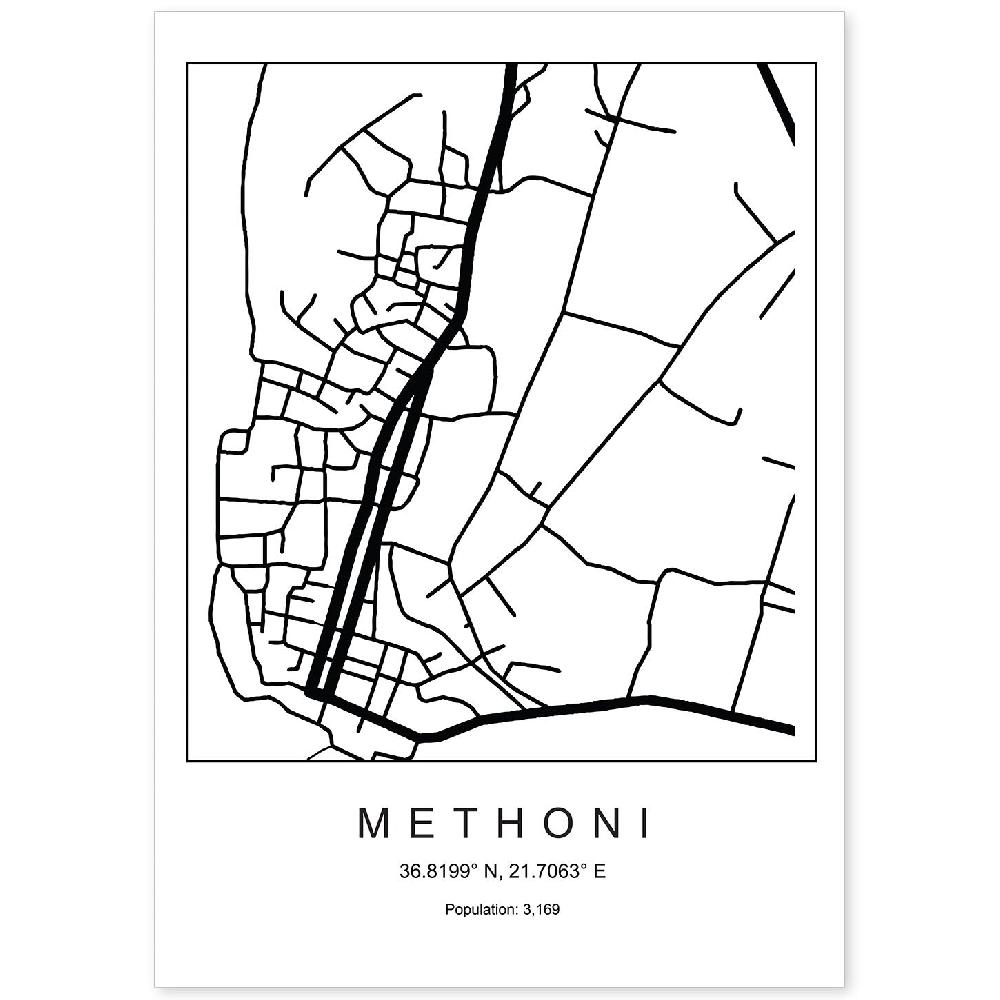 nacnic Lámina estilo nórdico de mapa Methoni en blanco y negro
