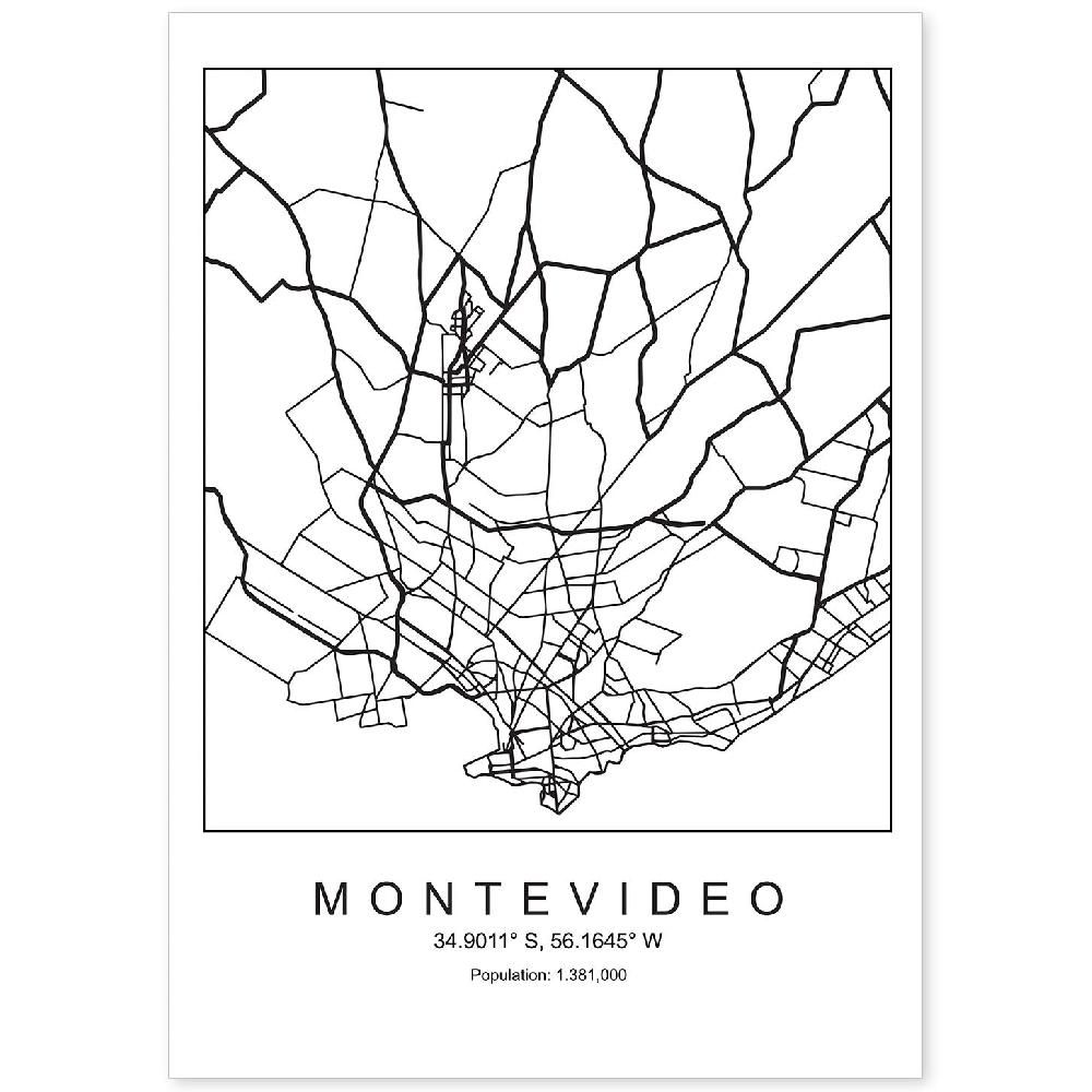 nacnic Lámina estilo nórdico de mapa Montevideo en blanco y negro
