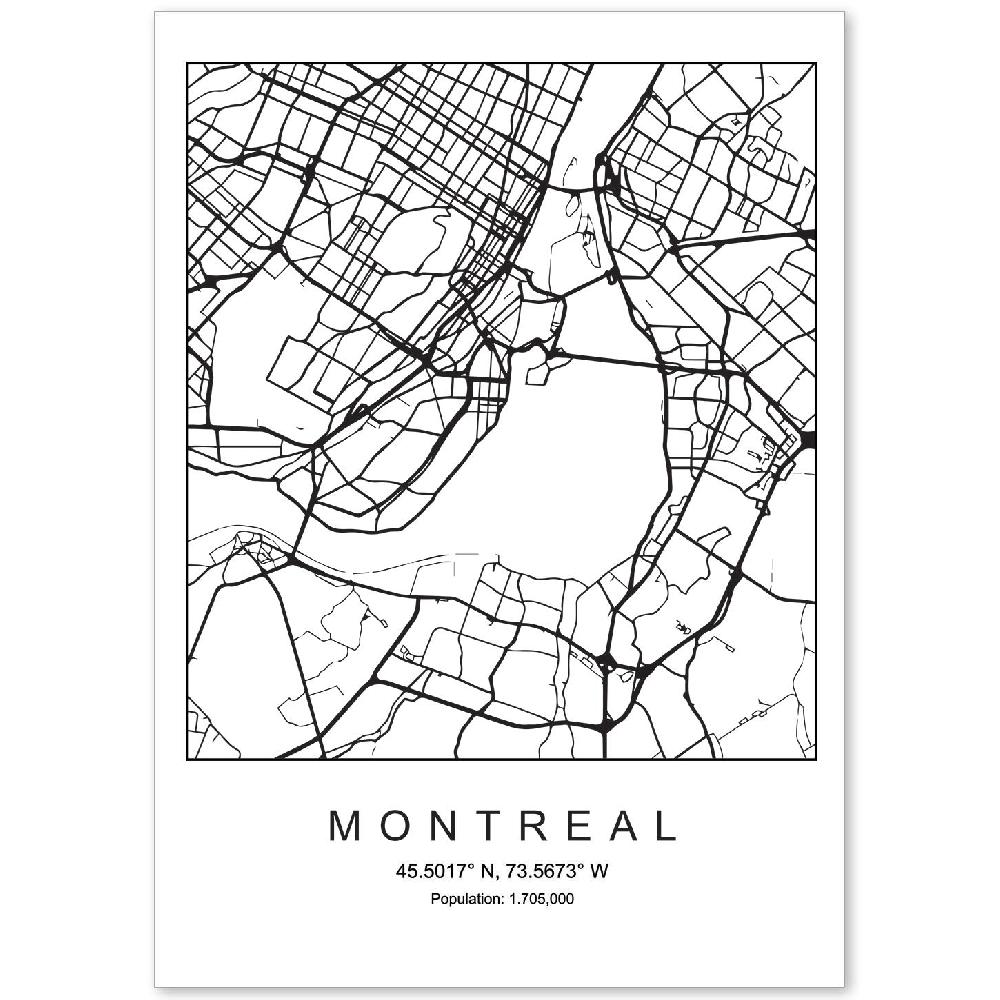 nacnic Lámina estilo nórdico de mapa Montreal en blanco y negro