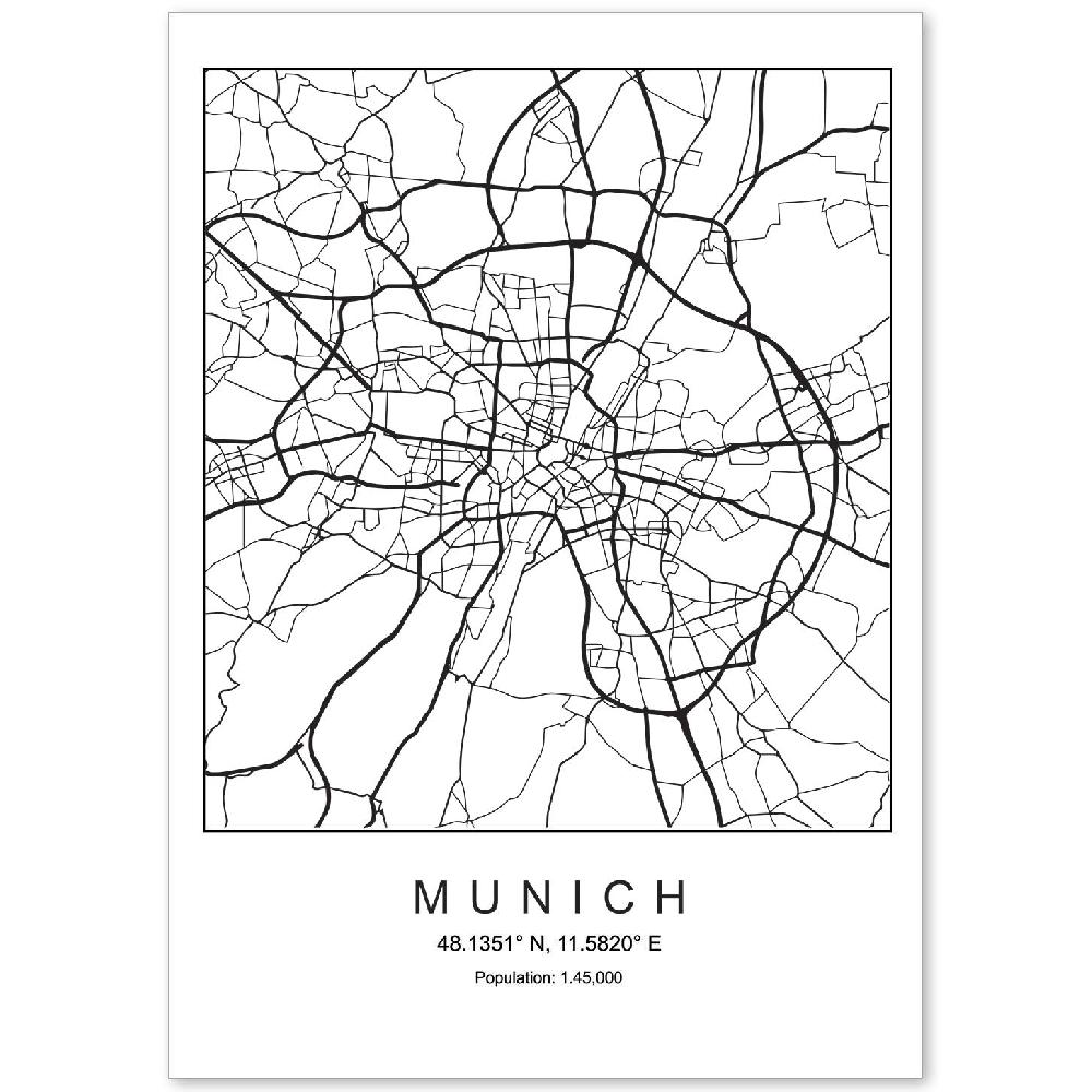 nacnic Lámina estilo nórdico de mapa Munich en blanco y negro