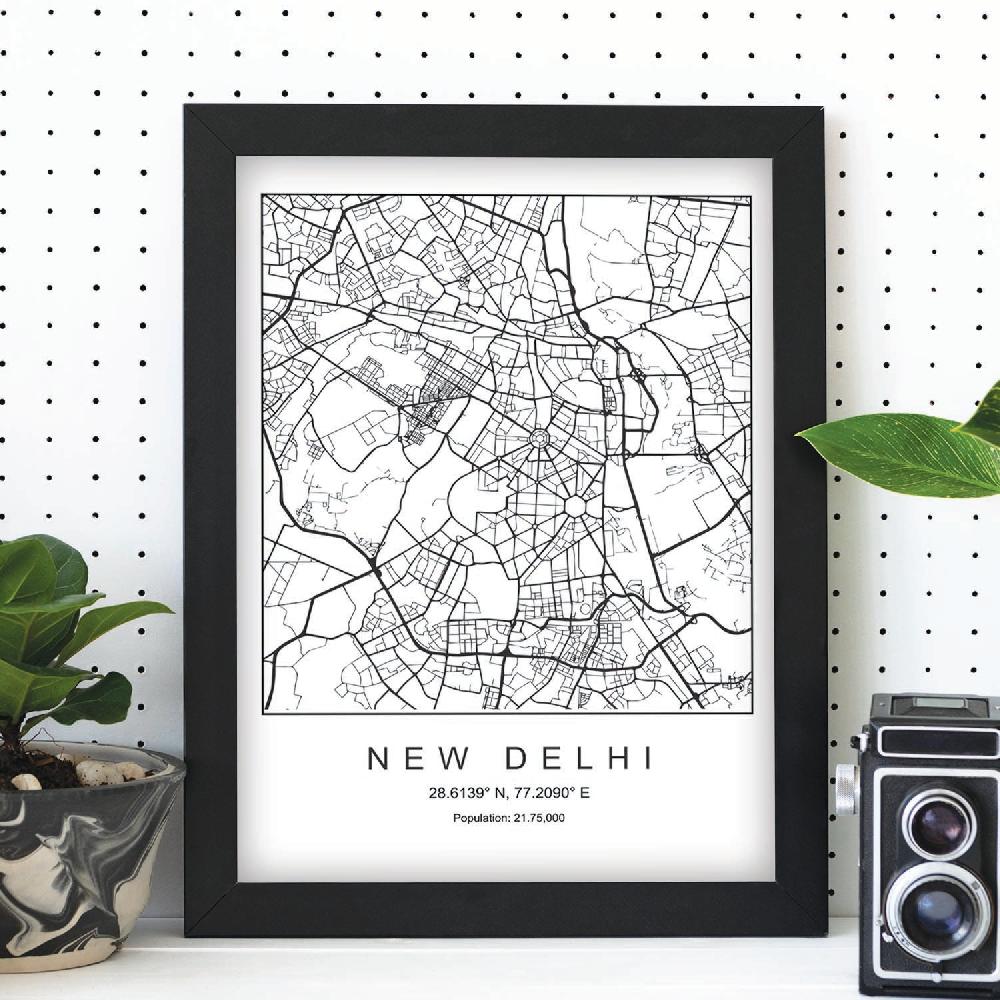 Nacnic Lámina Estilo Nórdico De Mapa New Delhi En Blanco Y Negro