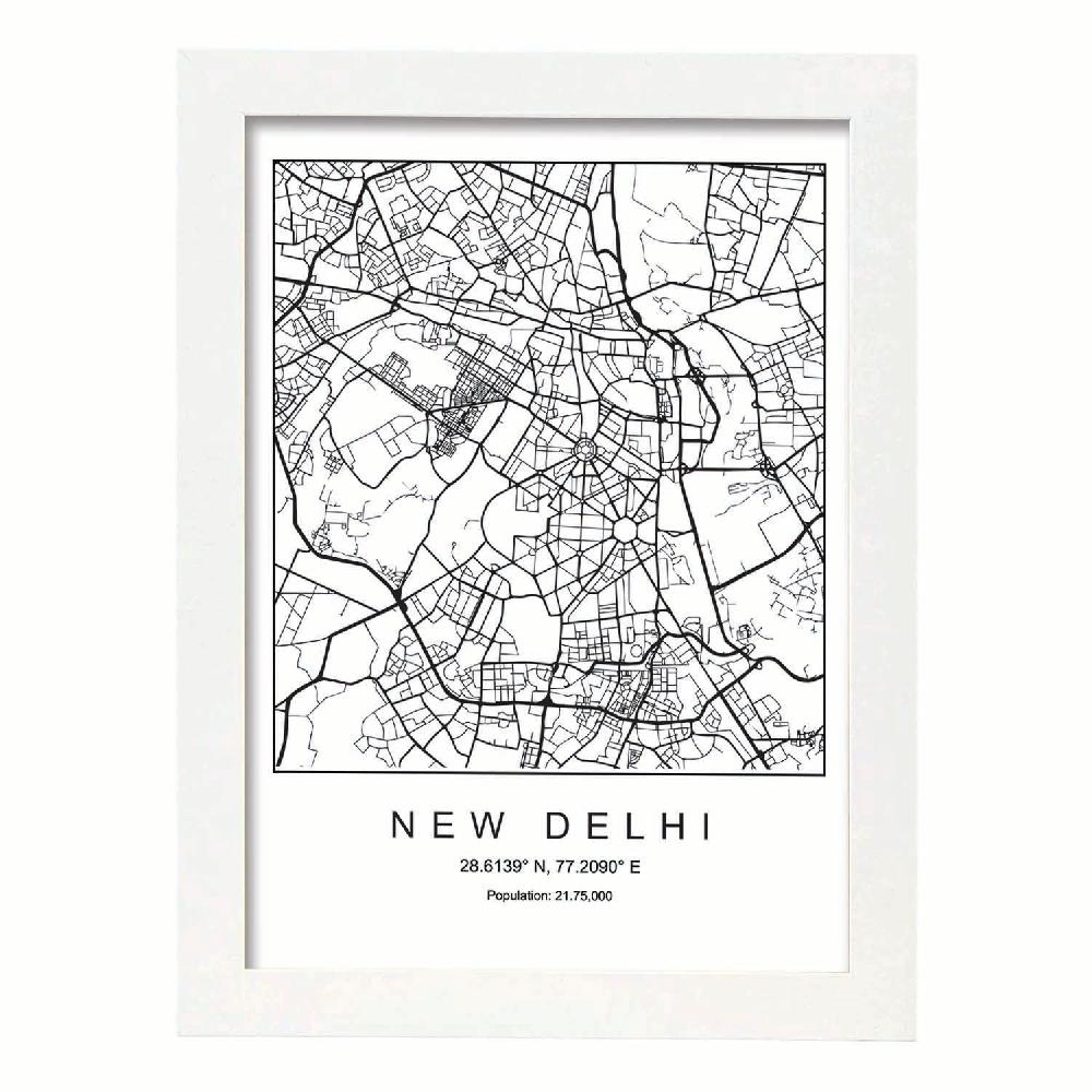 Nacnic Lámina Estilo Nórdico De Mapa New Delhi En Blanco Y Negro