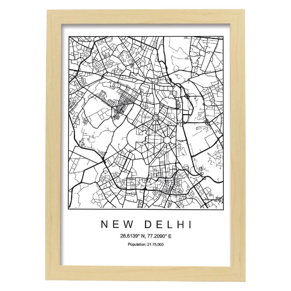 Nacnic Lámina Estilo Nórdico De Mapa New Delhi En Blanco Y Negro