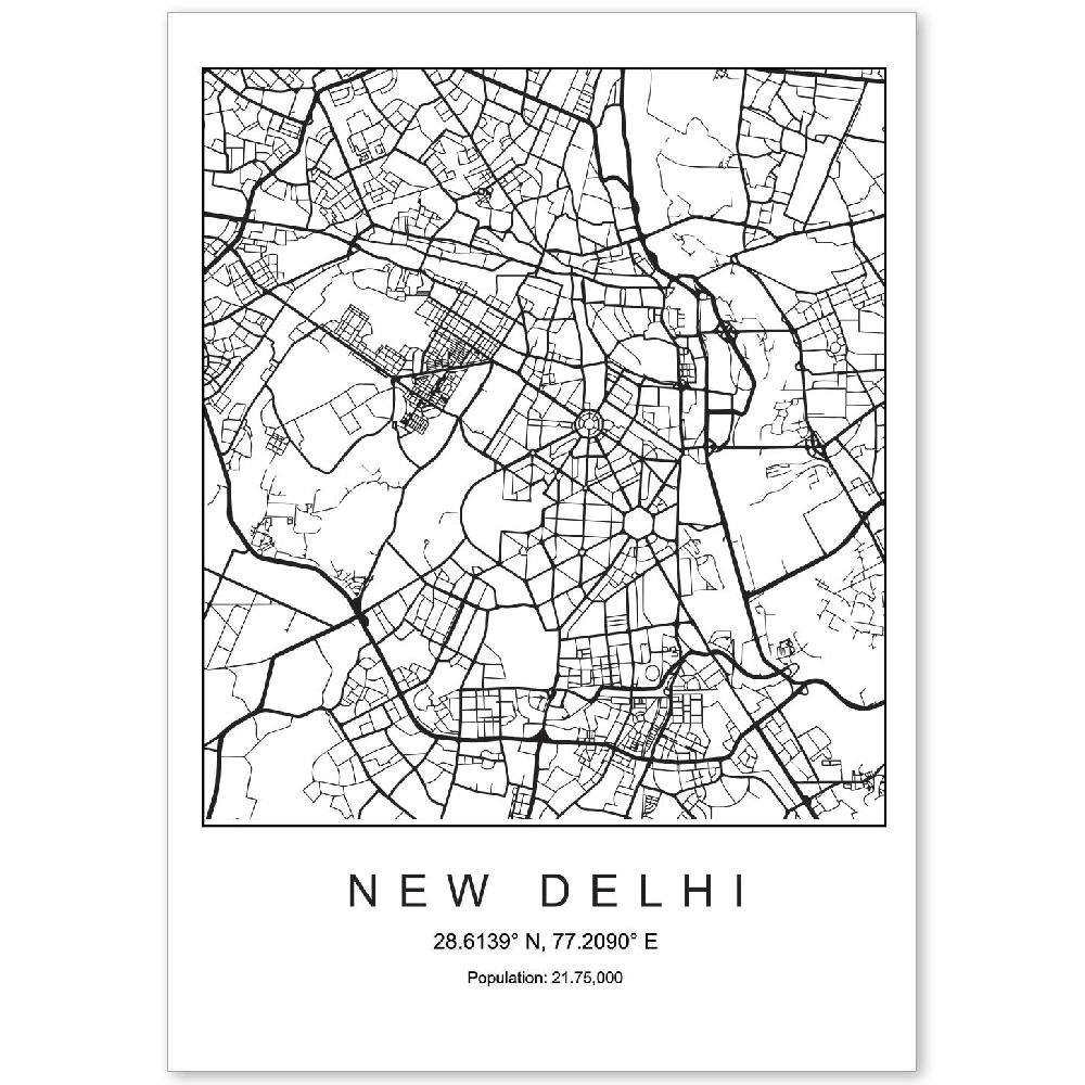 nacnic Lámina estilo nórdico de mapa New Delhi en blanco y negro