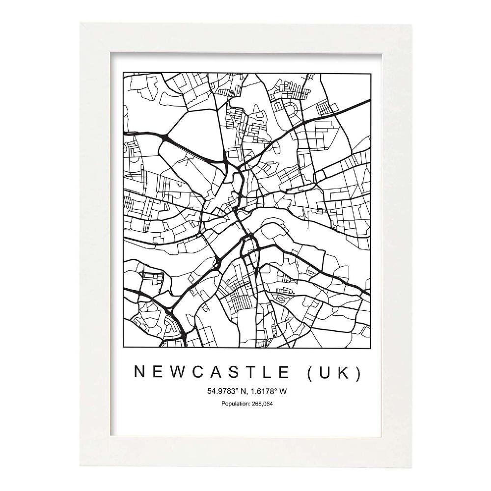 Nacnic Lámina Estilo Nórdico De Mapa Newcastle UK En Blanco Y Negro