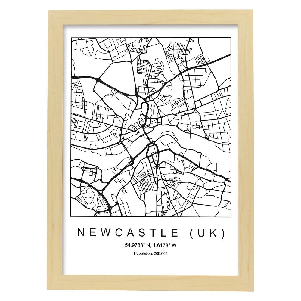 Nacnic Lámina Estilo Nórdico De Mapa Newcastle UK En Blanco Y Negro
