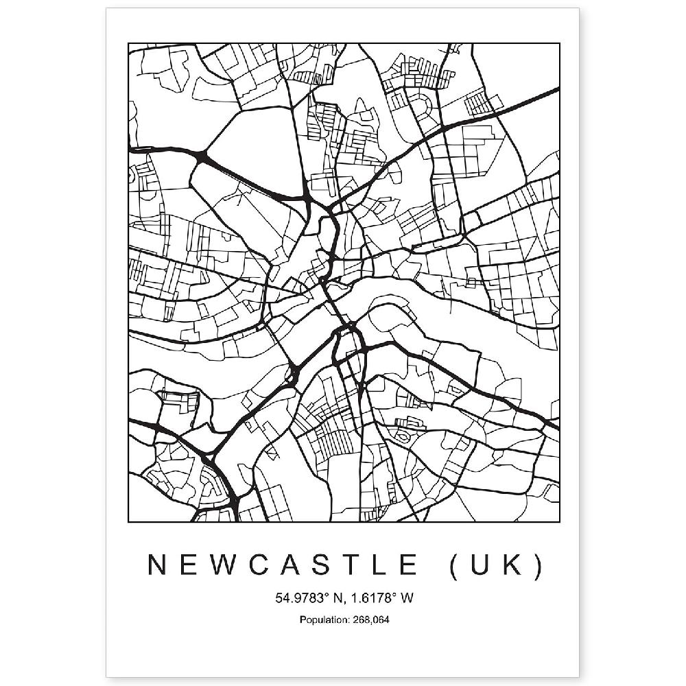 nacnic Lámina estilo nórdico de mapa Newcastle UK en blanco y negro