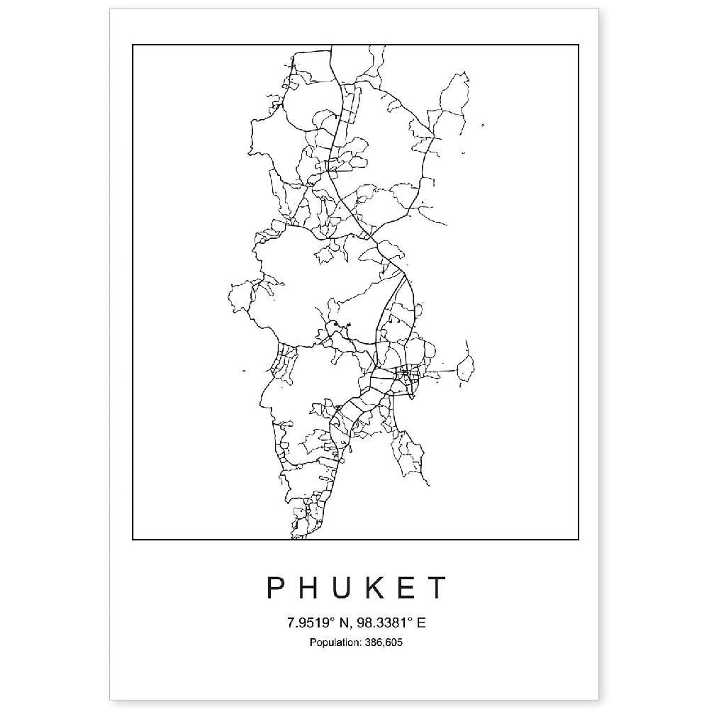 nacnic Lámina estilo nordico de mapa Phuket en blanco y negro