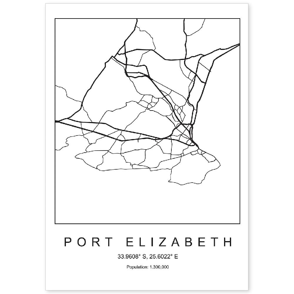 nacnic Lámina estilo nórdico de mapa Port Elizabeth en blanco y negro