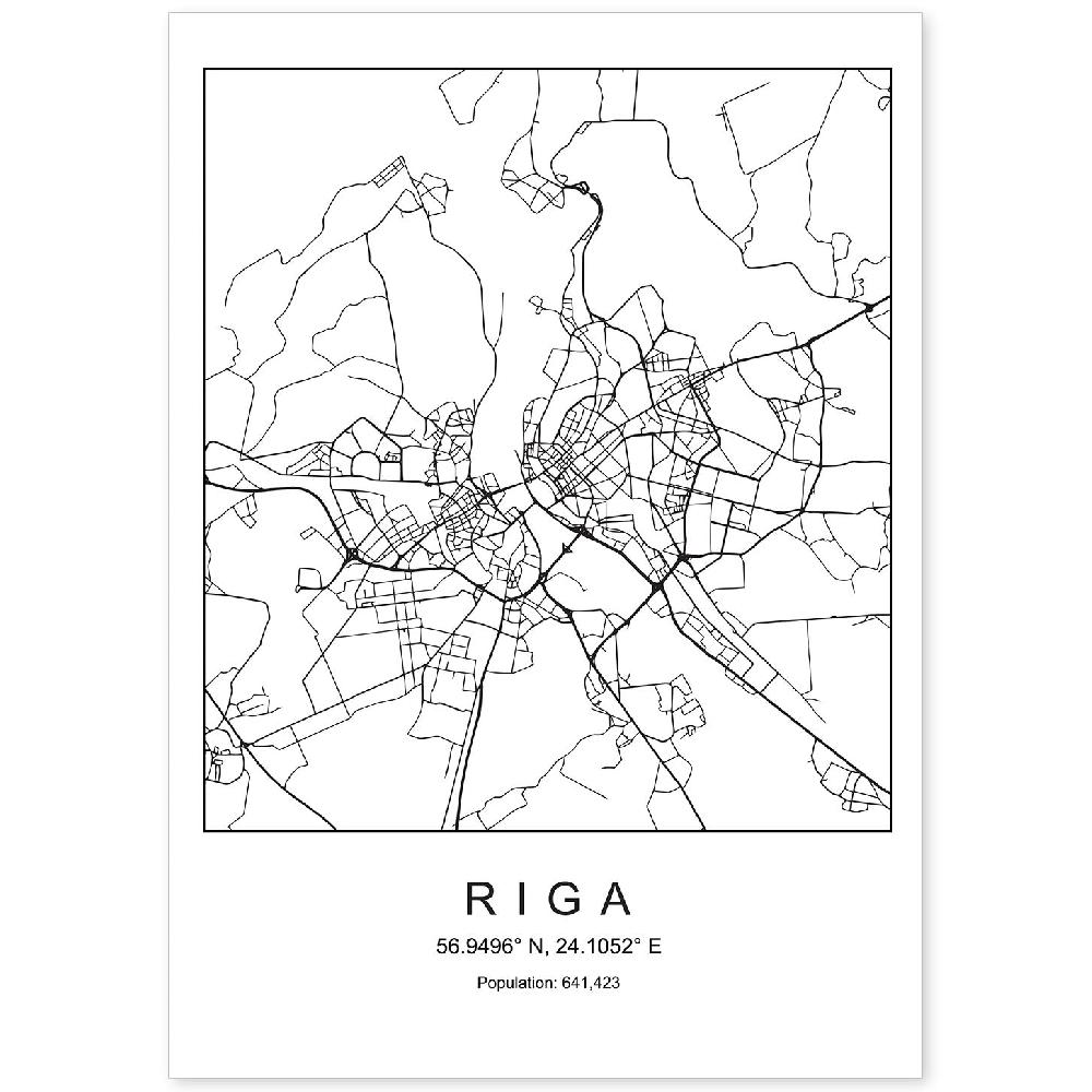 nacnic Lámina estilo nordico de mapa Riga en blanco y negro