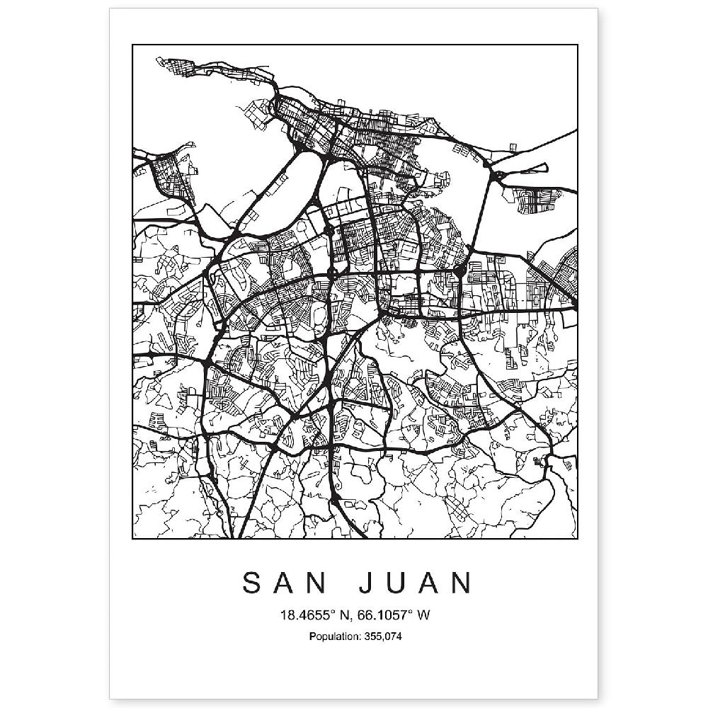 nacnic Lámina estilo nórdico de mapa San Juan en blanco y negro