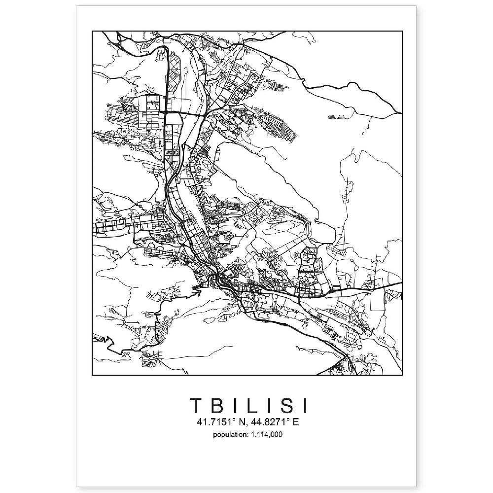 nacnic Lámina Estilo Nórdico de Mapa Tbilisi en Blanco y Negro