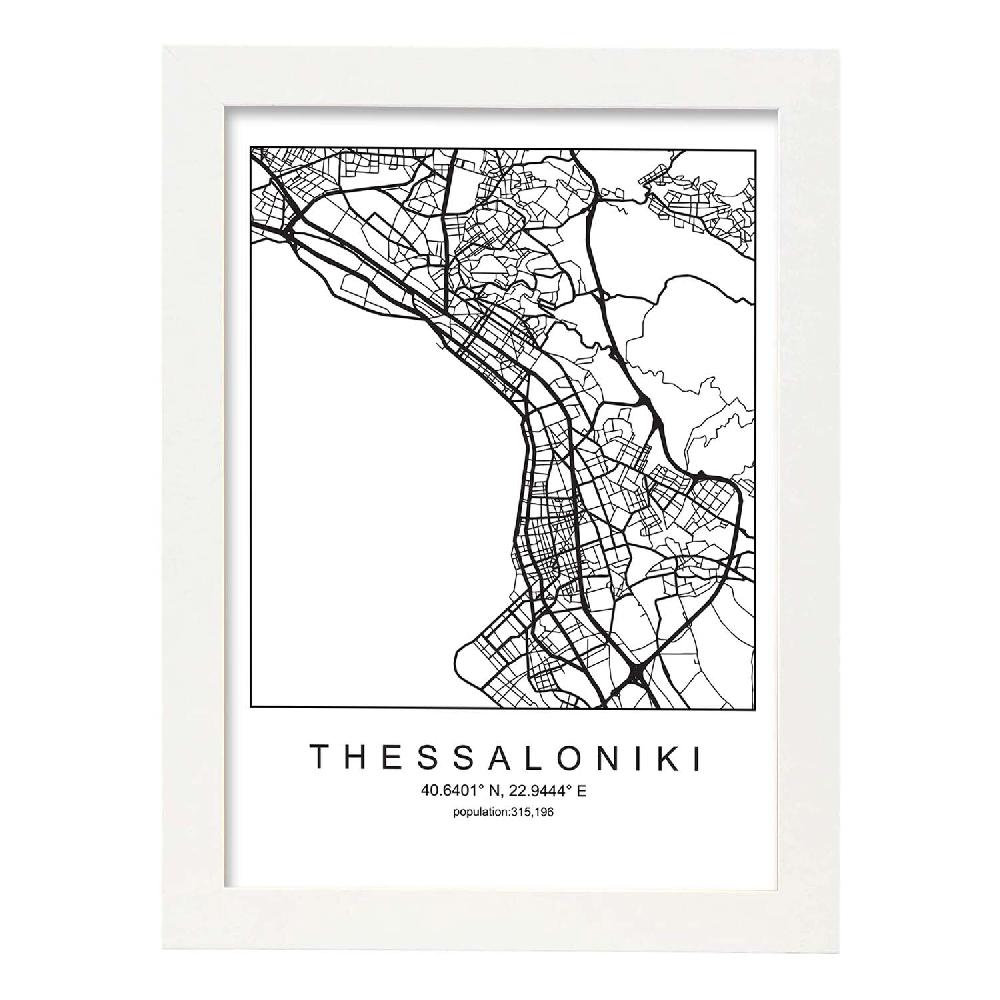 Nacnic Lámina Estilo Nórdico De Mapa Thessaloniki En Blanco Y Negro