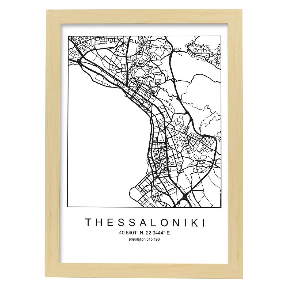 Nacnic Lámina Estilo Nórdico De Mapa Thessaloniki En Blanco Y Negro