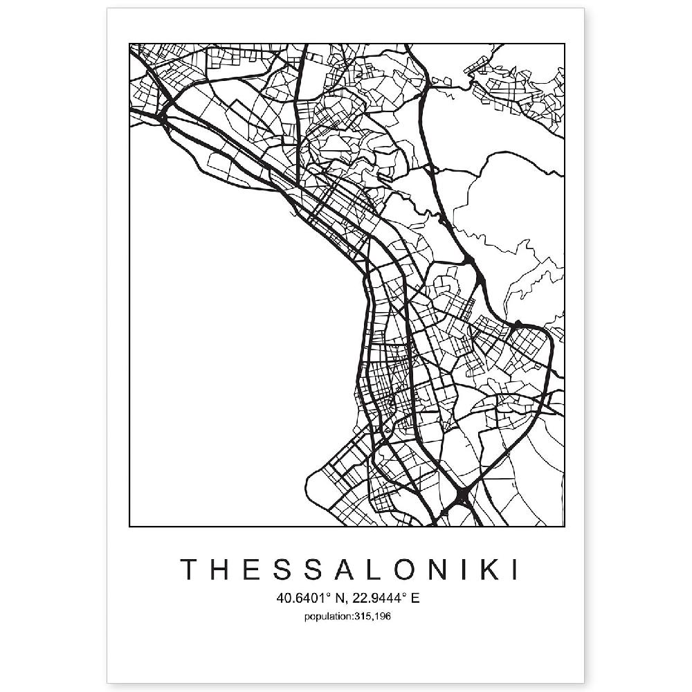 nacnic Lámina Estilo Nórdico de Mapa Thessaloniki en Blanco y Negro