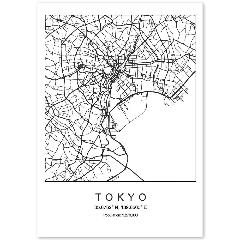 nacnic Lámina Estilo Nórdico de Mapa Tokyo en Blanco y Negro