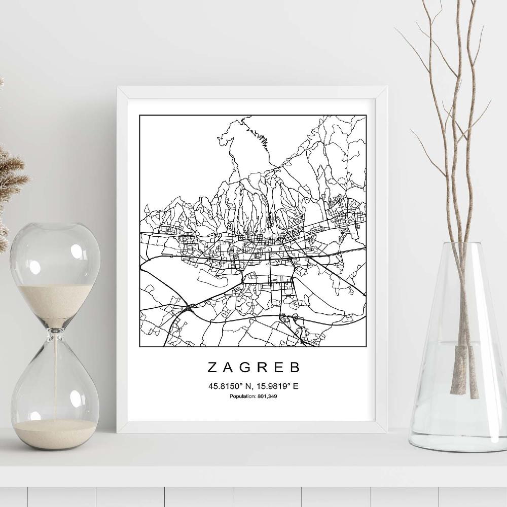 Nacnic Lámina Estilo Nórdico De Mapa Zagreb En Blanco Y Negro