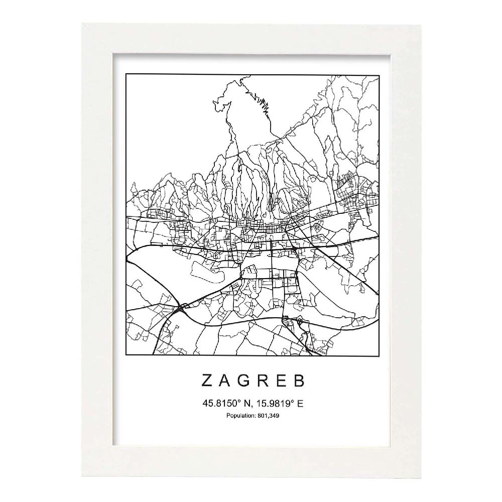 Nacnic Lámina Estilo Nórdico De Mapa Zagreb En Blanco Y Negro
