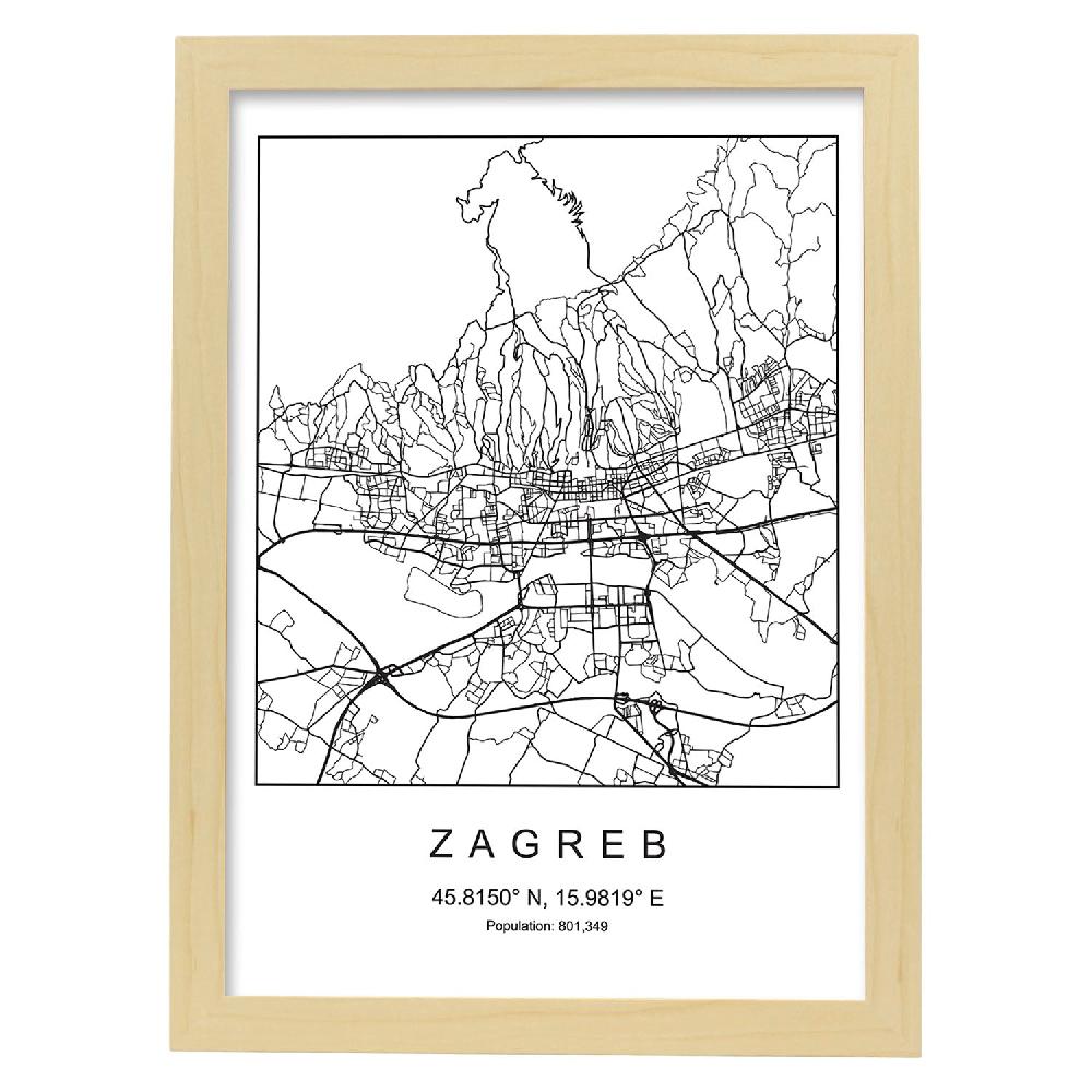 Nacnic Lámina Estilo Nórdico De Mapa Zagreb En Blanco Y Negro