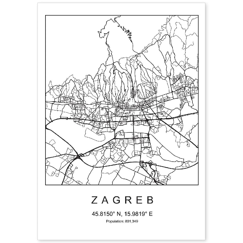nacnic Lámina Estilo Nórdico de Mapa Zagreb en Blanco y Negro