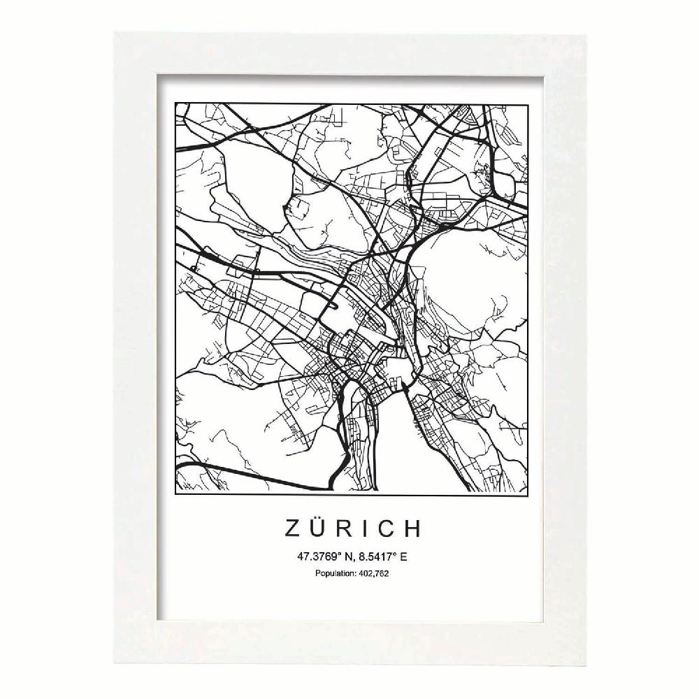 Nacnic Lámina Estilo Nórdico De Mapa Zurich En Blanco Y Negro