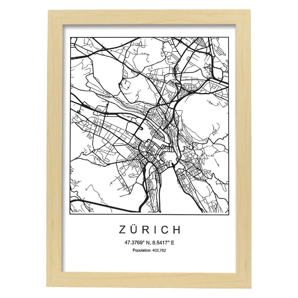 Nacnic Lámina Estilo Nórdico De Mapa Zurich En Blanco Y Negro