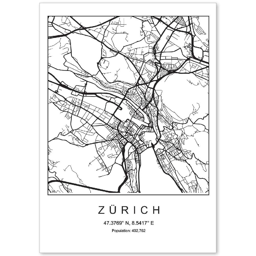 nacnic Lámina Estilo Nórdico de Mapa Zurich en Blanco y Negro