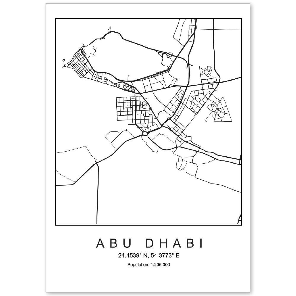 nacnic Lámina estilo nórdico del mapa de Abu Dhabi en blanco y negro