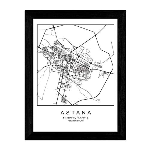 nacnic Lámina estilo nordico del mapa de Astana en blanco y negro