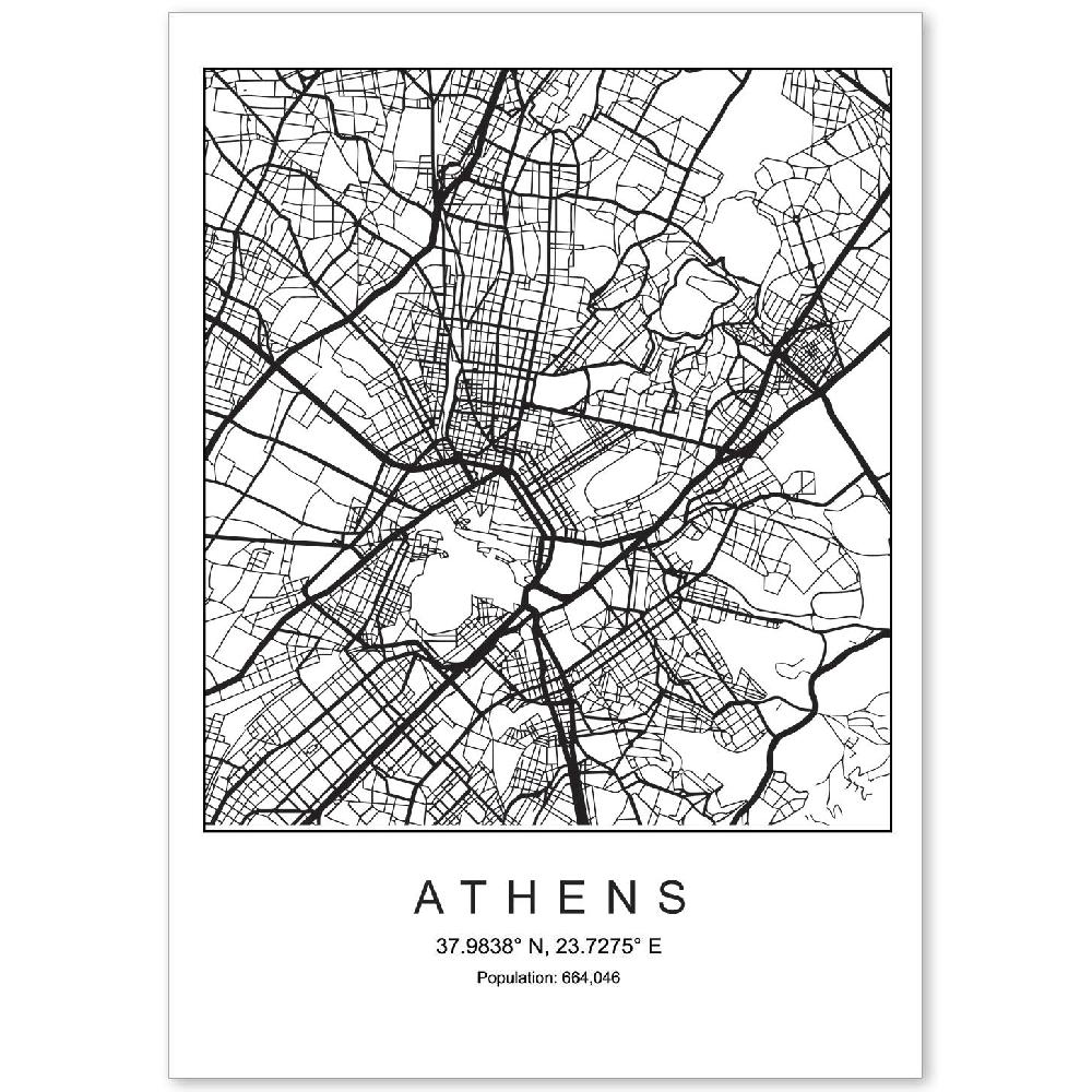 nacnic Lámina estilo nórdico del mapa de Athens en blanco y negro