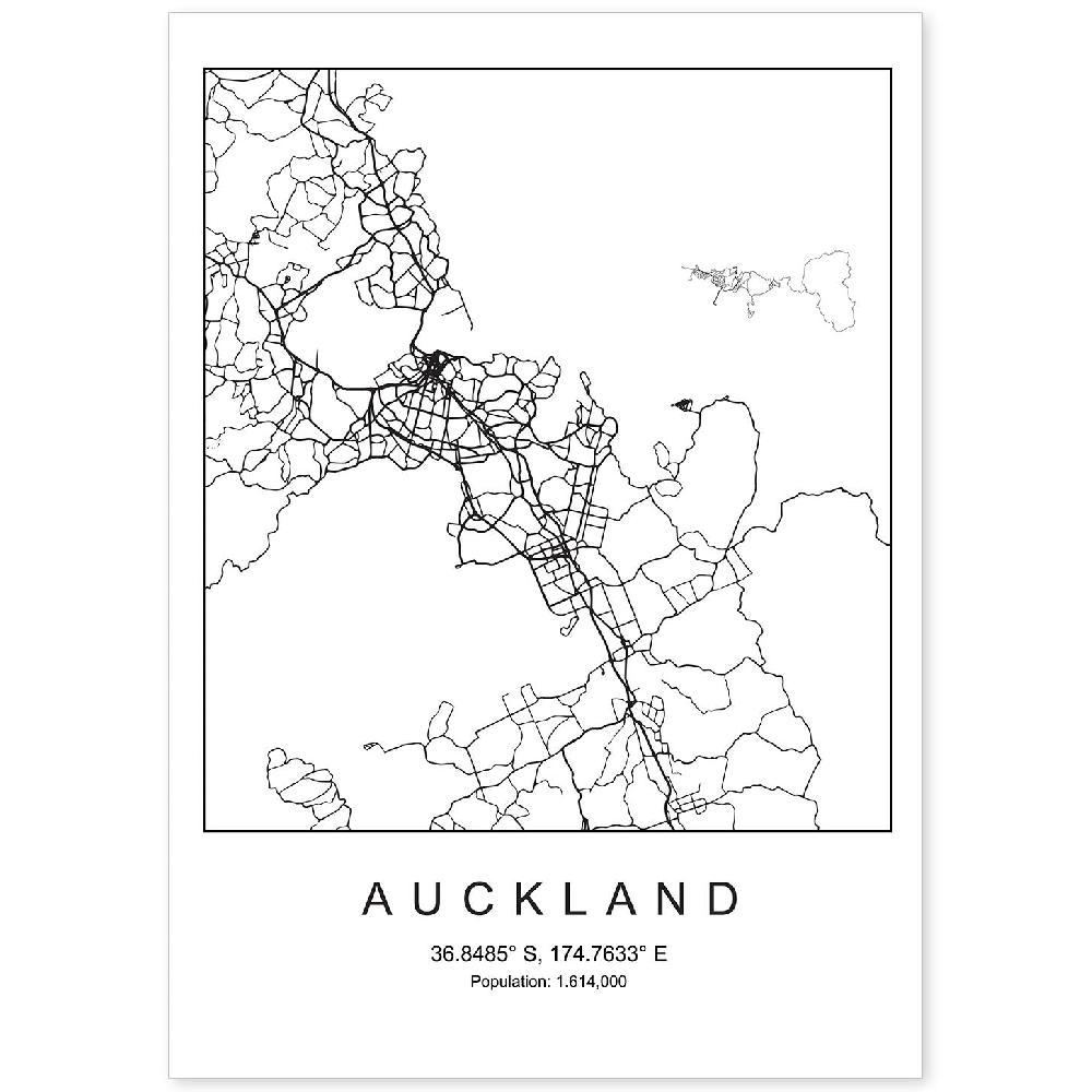 nacnic Lámina estilo nórdico del mapa de Auckland en blanco y negro