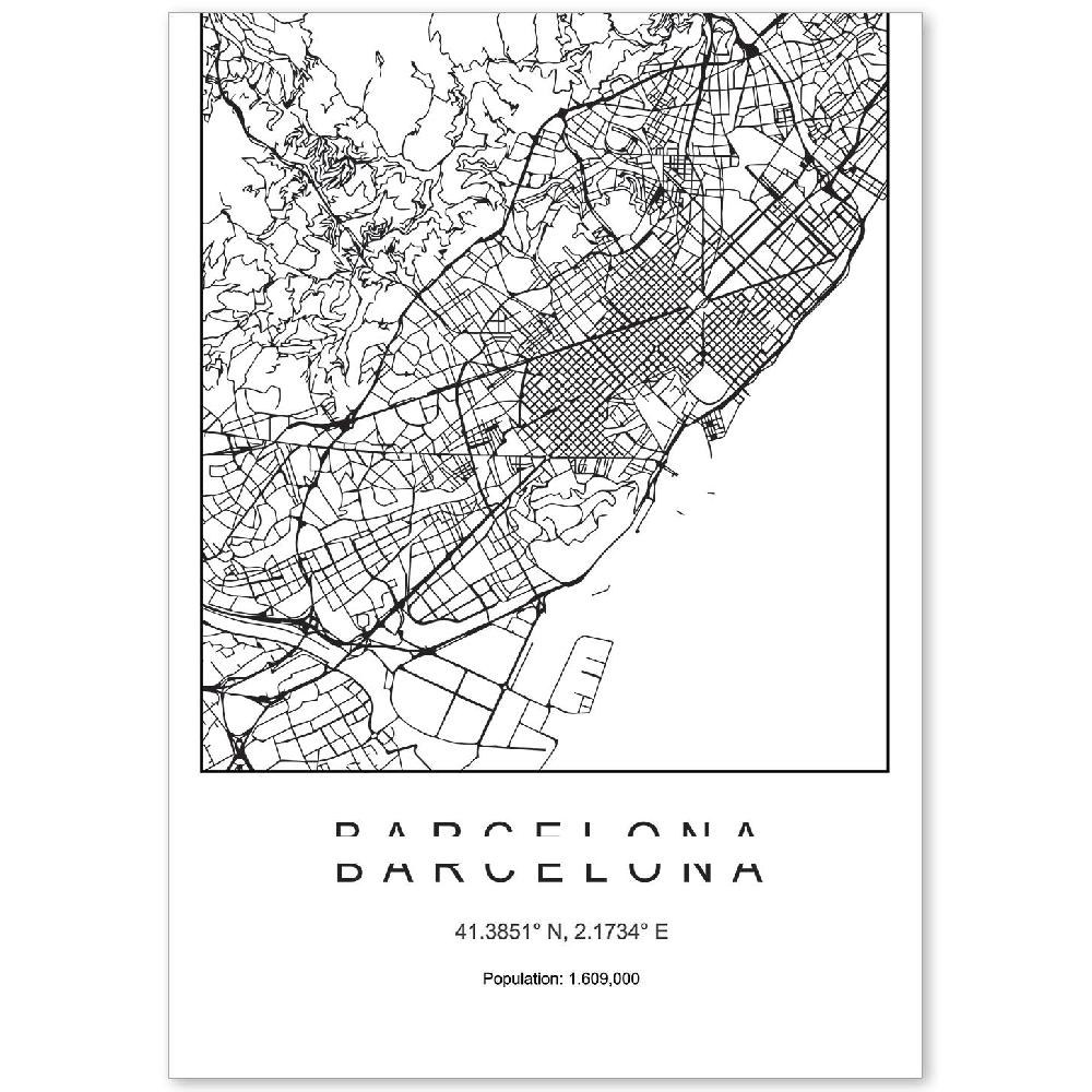 nacnic Lámina estilo nórdico del mapa de Barcelona en blanco y negro