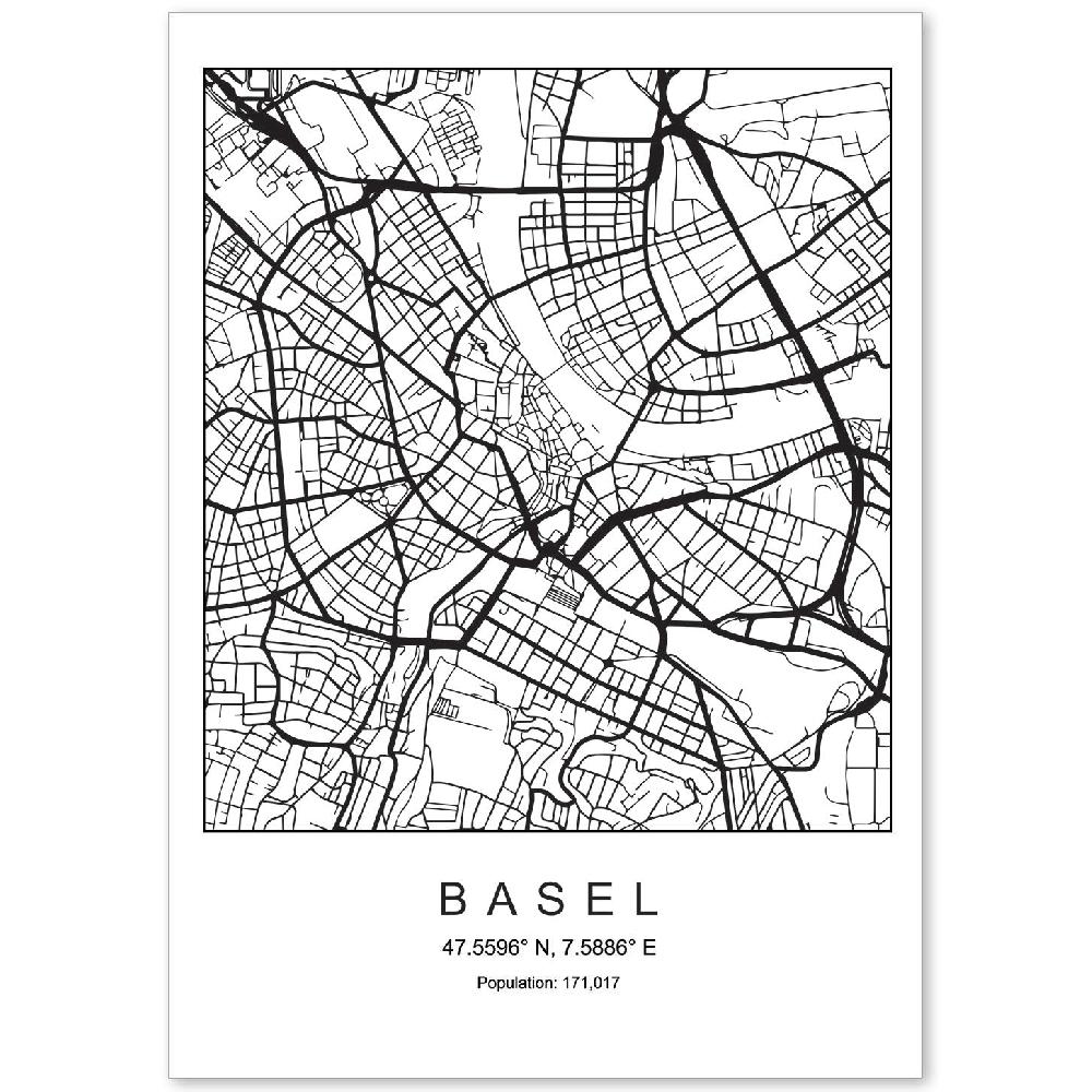 nacnic Lámina estilo nórdico del mapa de Basel en blanco y negro