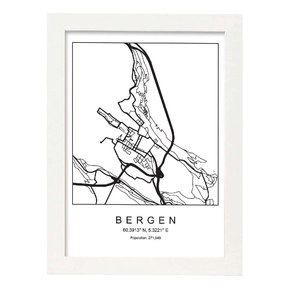 Nacnic Lámina Estilo Nórdico Del Mapa De Bergen En Blanco Y Negro