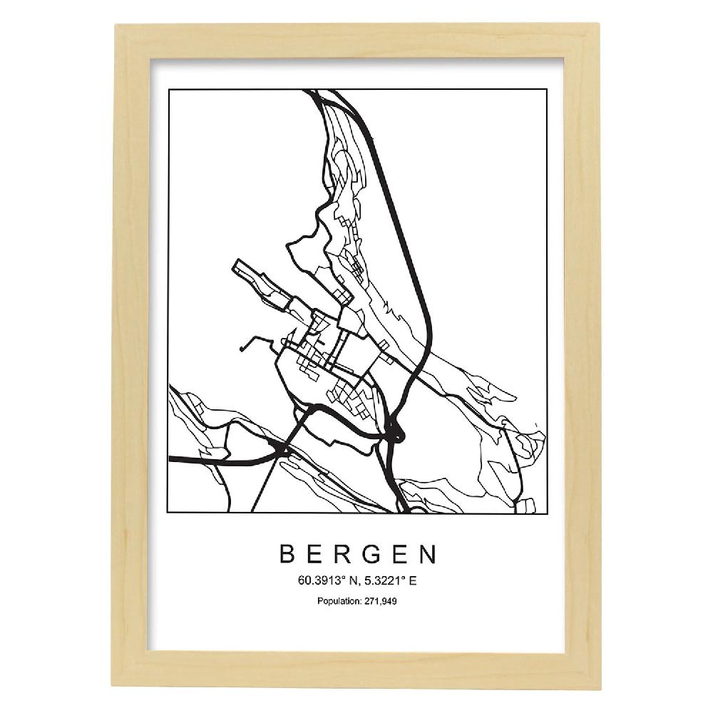 Nacnic Lámina Estilo Nórdico Del Mapa De Bergen En Blanco Y Negro