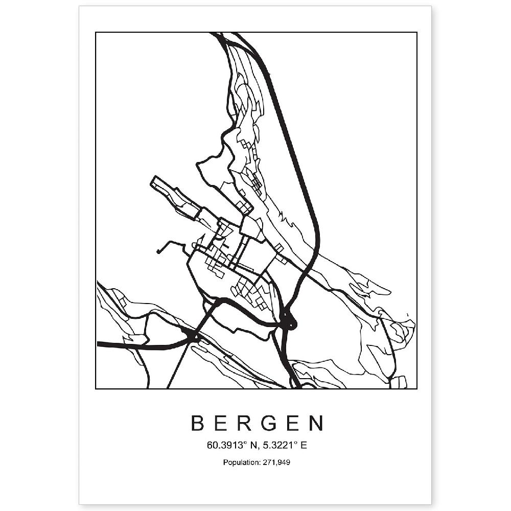 nacnic Lámina estilo nórdico del mapa de Bergen en blanco y negro