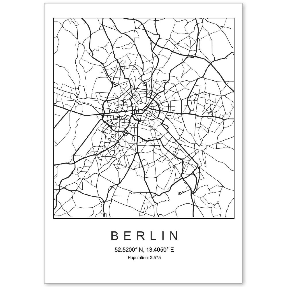nacnic Lámina estilo nórdico del mapa de Berlin en blanco y negro