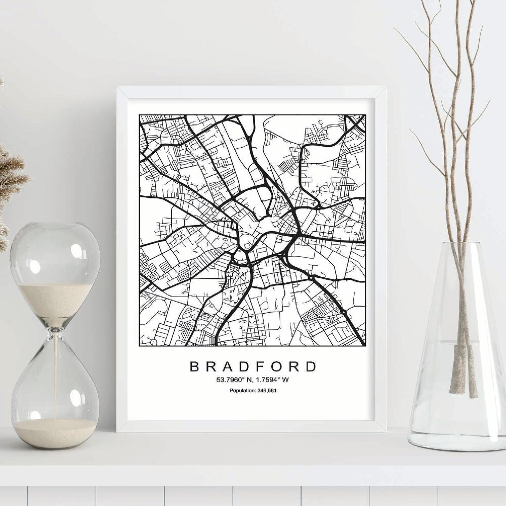 Nacnic Lámina Estilo Nórdico Del Mapa De Bradford En Blanco Y Negro